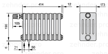 Схема (чертеж) Радиатор Zehnder Charleston 5019/9 №V001 Белый глянцевый RAL 9016